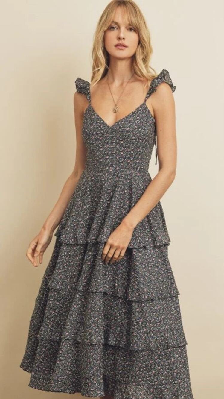 5071 Dress Forum Temecula Dress Navy Floral Sleeveless Tiered Ruffle Midi Small